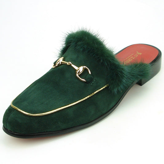 A green suede sandal by Fiesso, featuring a cushioned insole, gold accents, and a fur trim with a decorative bit detail on the vamp.