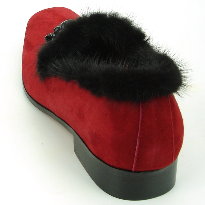 Introducing the FI-7306 Red Suede Fiesso by Aurelio Garcia, a fashion-forward shoe boasting a luxurious red suede upper adorned with black fur trim and highlighted by an elegant black beaded flower on top. Experience sophisticated style with Fiesso.