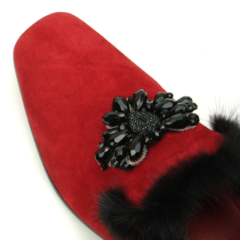 Introducing the FI-7306 Red Suede Fiesso by Aurelio Garcia, a fashion-forward shoe boasting a luxurious red suede upper adorned with black fur trim and highlighted by an elegant black beaded flower on top. Experience sophisticated style with Fiesso.