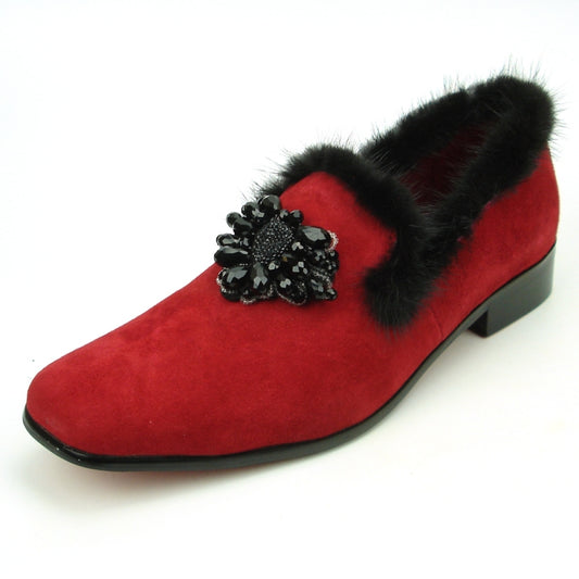 Introducing the FI-7306 Red Suede Fiesso by Aurelio Garcia, a fashion-forward shoe boasting a luxurious red suede upper adorned with black fur trim and highlighted by an elegant black beaded flower on top. Experience sophisticated style with Fiesso.