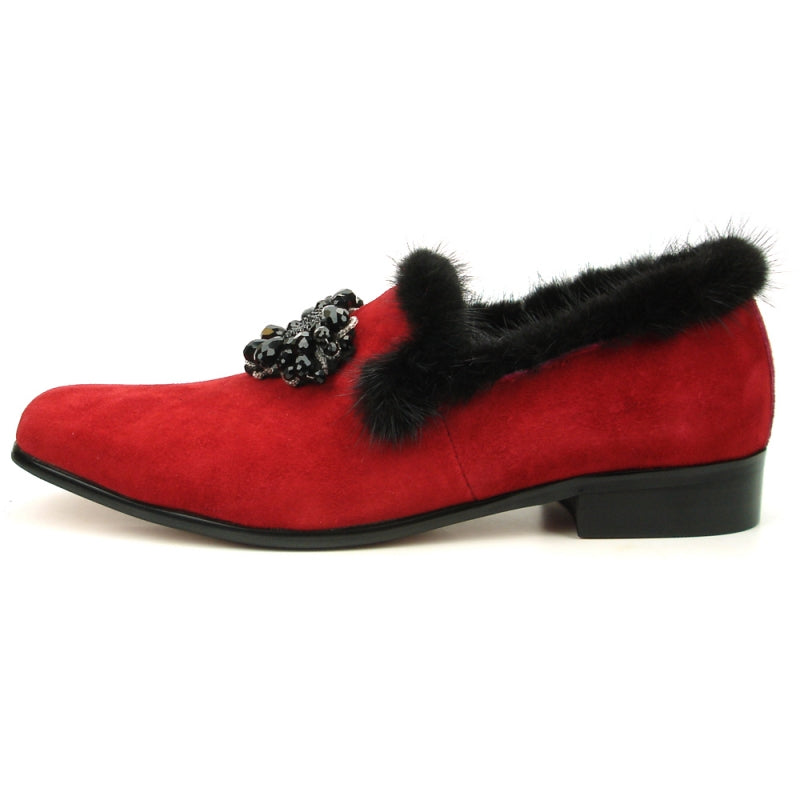 Introducing the FI-7306 Red Suede Fiesso by Aurelio Garcia, a fashion-forward shoe boasting a luxurious red suede upper adorned with black fur trim and highlighted by an elegant black beaded flower on top. Experience sophisticated style with Fiesso.