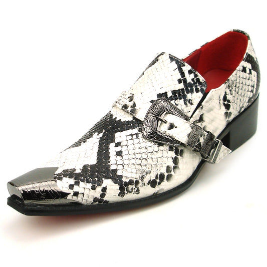 The FI-7469 Black White Python Fiesso by Aurelio Garcia, a stunning fashion shoe from the Fiesso brand, showcases a black and white python print with a textured leather upper, highlighted by a silver buckle and vivid red interior lining.