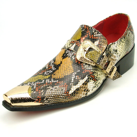 The FI-7469 Multi Color Python by Fiesso, designed by Aurelio Garcia, showcases a striking python print with a pointed toe and gold accents. It is adorned with a decorative buckle and features a low black heel, skillfully crafted with a leather upper to blend contemporary style and classic elegance.