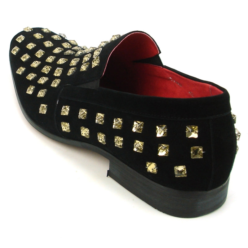 The FI-7487 Black Suede Gold Diamonds Fiesso by Aurelio Garcia Shoes from Fiesso combines elegance and luxury with a suede upper embellished with abundant square silver studs, complemented by a red interior lining and a cushioned insole.