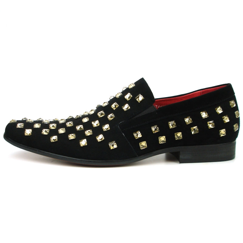 The FI-7487 Black Suede Gold Diamonds Fiesso by Aurelio Garcia Shoes from Fiesso combines elegance and luxury with a suede upper embellished with abundant square silver studs, complemented by a red interior lining and a cushioned insole.