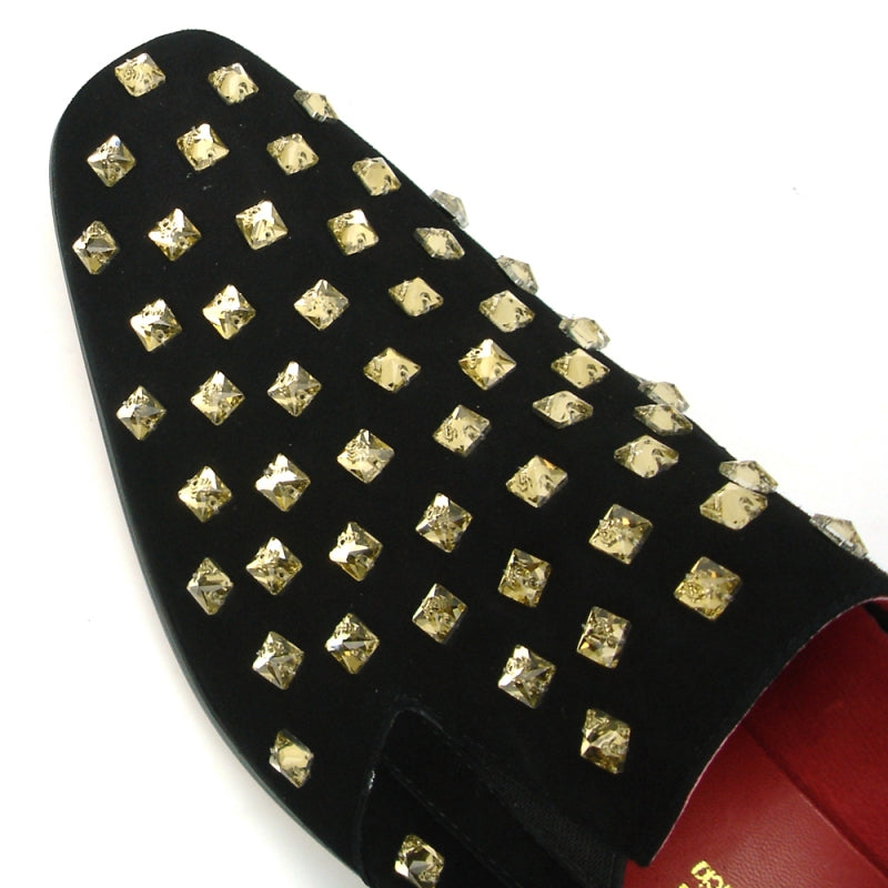 The FI-7487 Black Suede Gold Diamonds Fiesso by Aurelio Garcia Shoes from Fiesso combines elegance and luxury with a suede upper embellished with abundant square silver studs, complemented by a red interior lining and a cushioned insole.