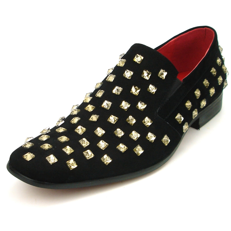 The FI-7487 Black Suede Gold Diamonds Fiesso by Aurelio Garcia Shoes from Fiesso combines elegance and luxury with a suede upper embellished with abundant square silver studs, complemented by a red interior lining and a cushioned insole.