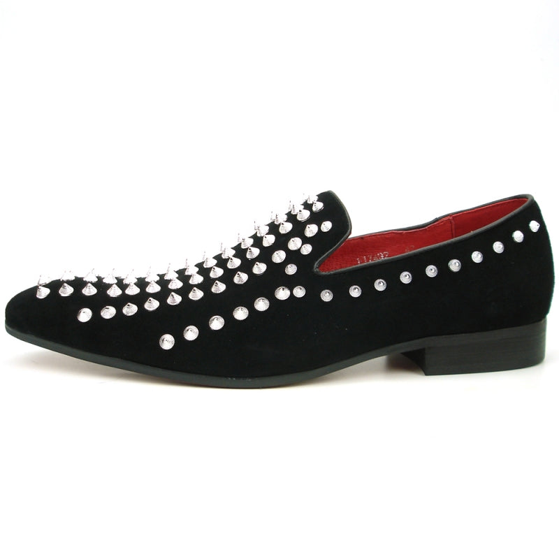 The FI-7492 Black Suede Silver Spikes loafer by Fiesso, a genuine fashion piece, is embellished with silver spikes and studs and boasts a striking red interior.