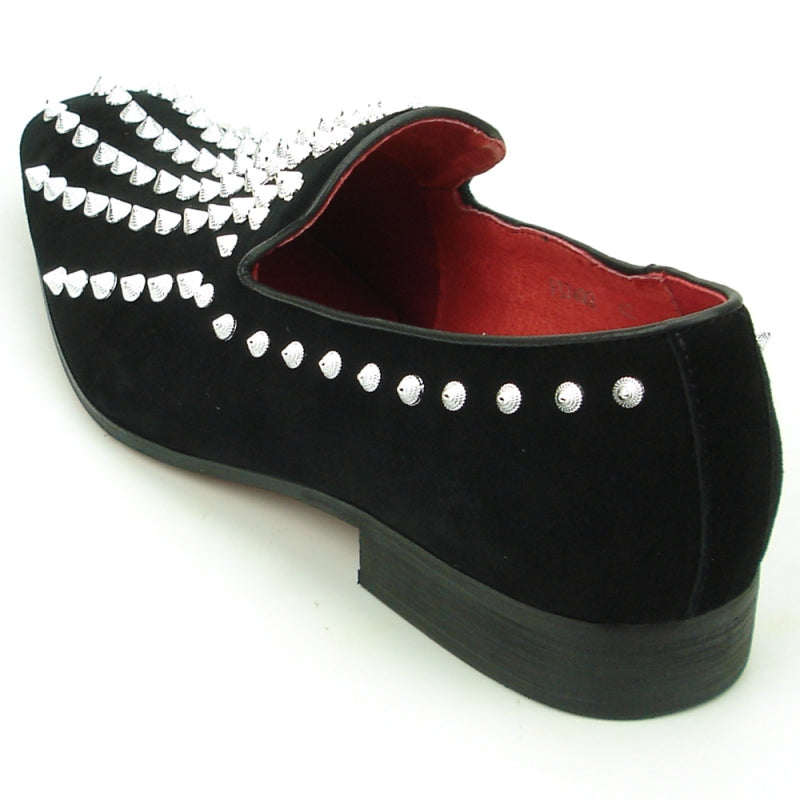 The FI-7492 Black Suede Silver Spikes loafer by Fiesso, a genuine fashion piece, is embellished with silver spikes and studs and boasts a striking red interior.