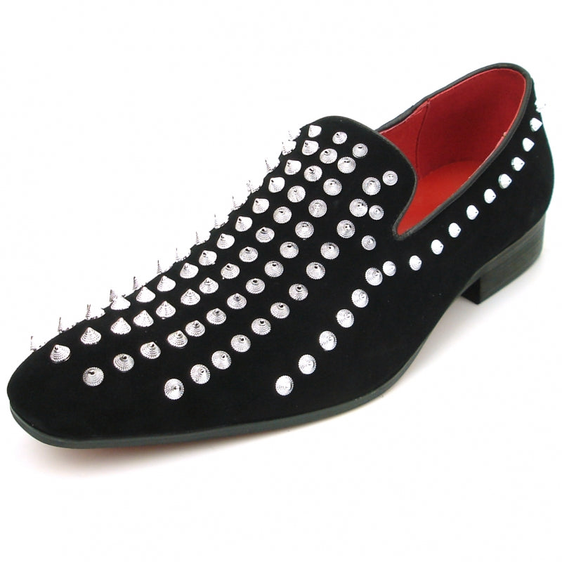 The FI-7492 Black Suede Silver Spikes loafer by Fiesso, a genuine fashion piece, is embellished with silver spikes and studs and boasts a striking red interior.