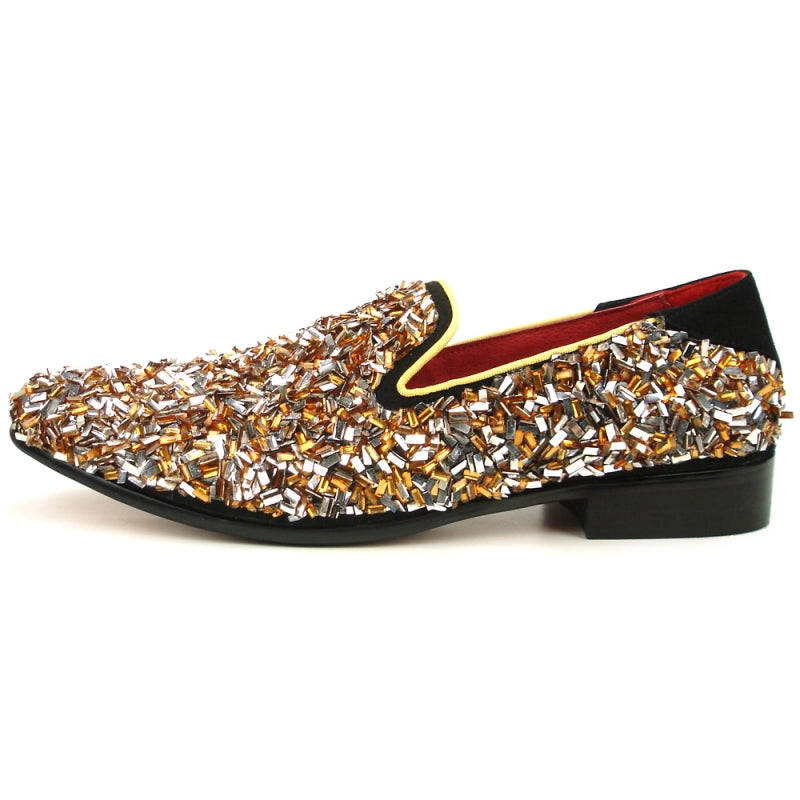 The FI-7498 Gold Slip on by Fiesso features a multicolored metallic embellishment and a black heel, enhanced by red interior lining and a sophisticated suede upper.