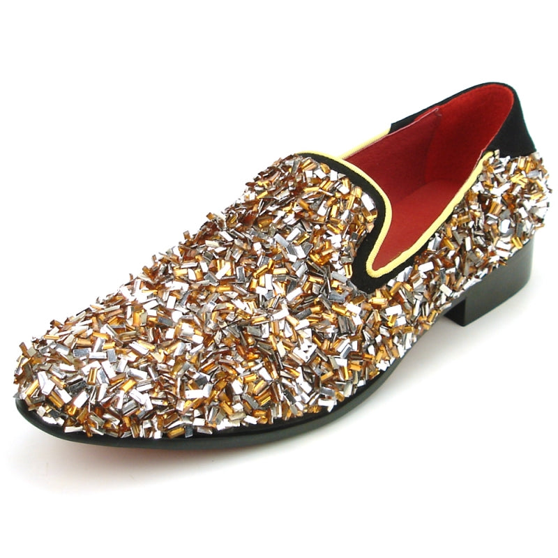 The FI-7498 Gold Slip on by Fiesso features a multicolored metallic embellishment and a black heel, enhanced by red interior lining and a sophisticated suede upper.