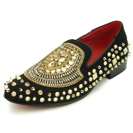 The FI-7500 Black Suede Slip-On by Fiesso, adorned with gold stones and featuring a vibrant red interior lining, offers a trendy option for those looking to make a statement.