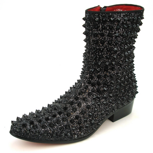 The FI-7504 Black Glitter Black Spikes Fiesso by Aurelio Garcia Boot impresses with its glossy studded exterior, touch of glitter, and a sleek short heel, complemented by a plush red interior.