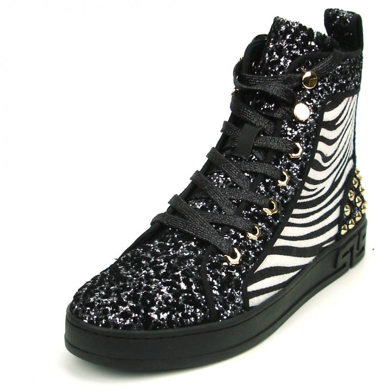 Introducing the FI-2347 Black-Zebra Black Sole High Top Sneakers Encore by Fiesso, these men's casual high-top sneakers showcase a striking black and white zebra pattern along with a glittery texture. Adorned with gold studs and black laces, they feature a leather upper. Designed for those who seek an edgy style, these sneakers are complete with bold spikes that make them stand out.