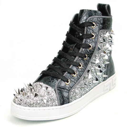 The Fiesso FI-2369 Black Silver Spikes High Top Sneakers feature black laces and a glitter upper decorated with silver spikes, all set on a white sole—ideal for men's casual fashion.