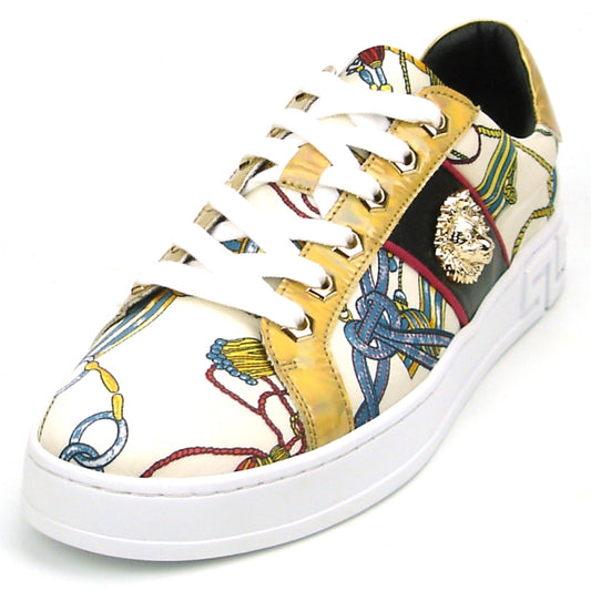 The FI-2382 Beige Lace-up Low Cut Sneaker Encore by Fiesso draws attention with its white sole and vibrant rope and chain pattern. Designed for fashion-forward individuals, it includes elegant leather accents adorned with an eye-catching gold and silver emblem on the side.