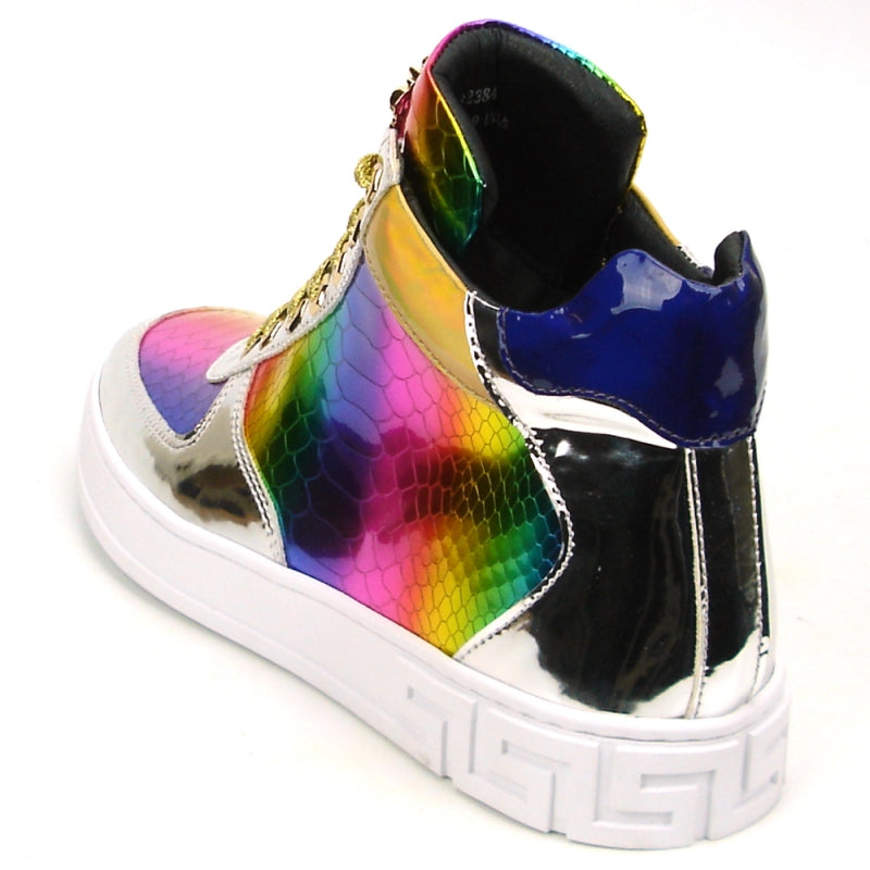 The FI-2384 Multicolor High Top Sneaker by Fiesso is a striking high-top sneaker that showcases a metallic rainbow design and gold laces, featuring an impressive Gold Lion emblem on the tongue and a stylish leather upper.