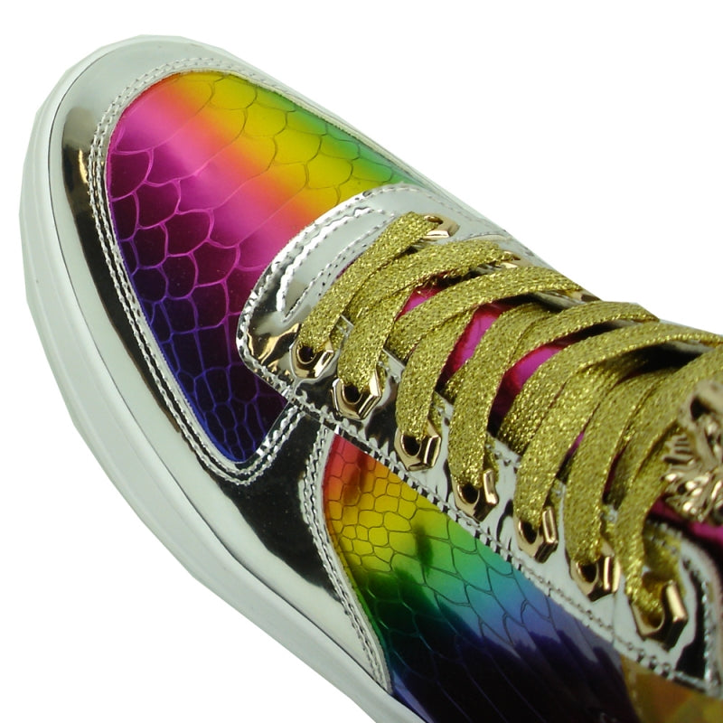 The FI-2384 Multicolor High Top Sneaker by Fiesso is a striking high-top sneaker that showcases a metallic rainbow design and gold laces, featuring an impressive Gold Lion emblem on the tongue and a stylish leather upper.