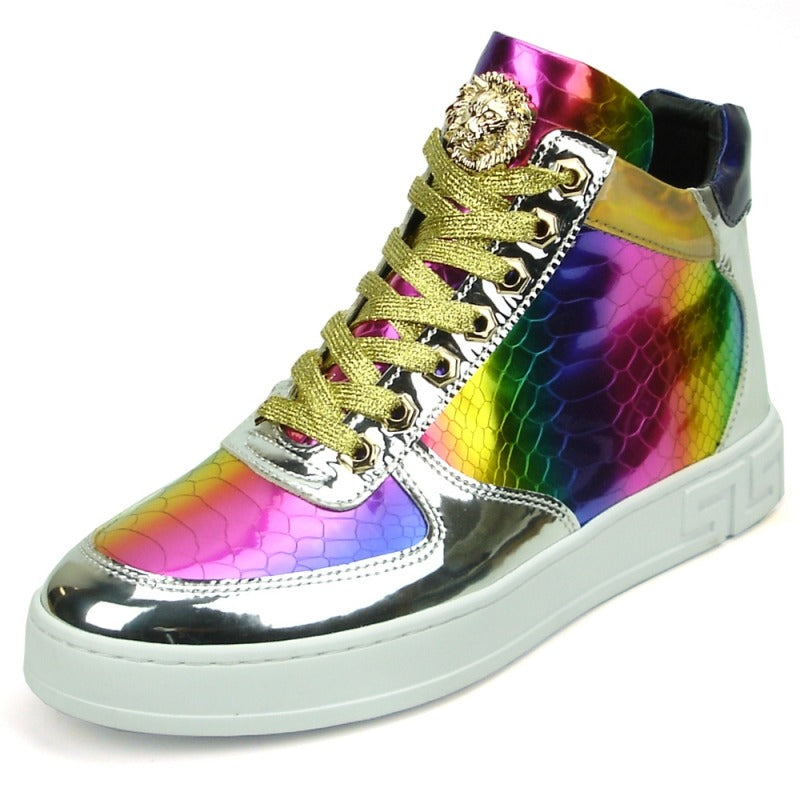 The FI-2384 Multicolor High Top Sneaker by Fiesso is a striking high-top sneaker that showcases a metallic rainbow design and gold laces, featuring an impressive Gold Lion emblem on the tongue and a stylish leather upper.