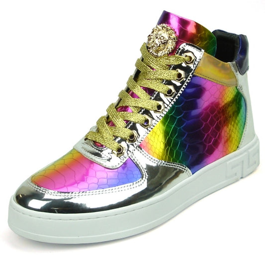 The FI-2384 Multicolor High Top Sneaker by Fiesso is a striking high-top sneaker that showcases a metallic rainbow design and gold laces, featuring an impressive Gold Lion emblem on the tongue and a stylish leather upper.