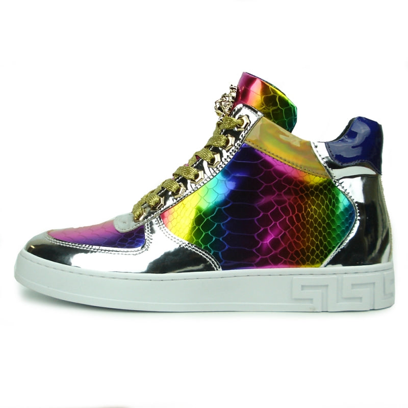 The FI-2384 Multicolor High Top Sneaker by Fiesso is a striking high-top sneaker that showcases a metallic rainbow design and gold laces, featuring an impressive Gold Lion emblem on the tongue and a stylish leather upper.