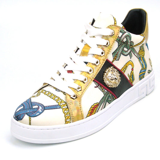 The FI-2385 Beige High Top Sneaker Encore by Fiesso is a men's casual high-top sneaker that showcases a vibrant multicolored rope and chain pattern. It is adorned with gold trimming and elegant gold accents, crafted from micro leather. The design includes white laces and features a decorative gold emblem on the side.