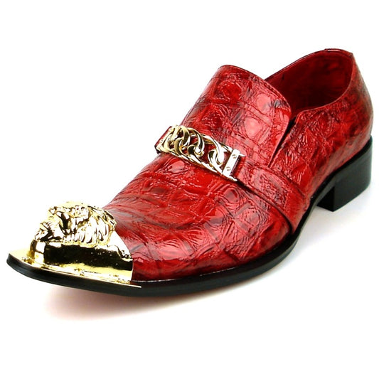 Fiesso's FI-7513 shoe is a fashionable red leather piece adorned with a gold chain and a lion ornament on the toe.