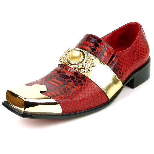 The FI-7512 Red Snake Print Metal Tip by Fiesso shoe from Fiesso showcases a striking red snakeskin pattern, highlighted with a gleaming gold square toe cap and an intricate gold buckle on the strap, all enhanced by a sumptuous leather upper.