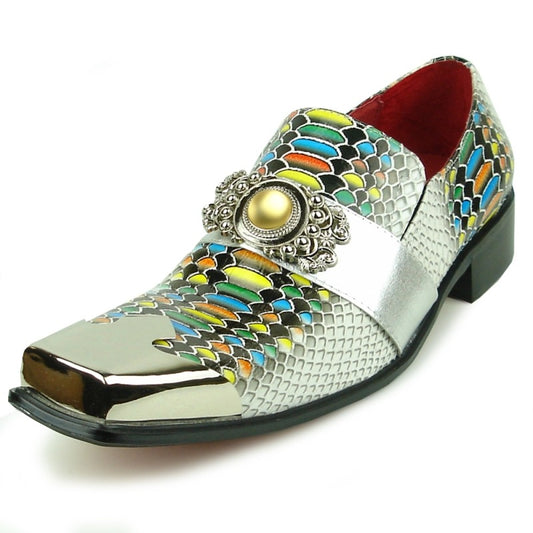 Introducing the FI-7512 White Multicolor Snake Print Metal Tip by Fiesso: a vibrant and stylish men's shoe from the Fiesso brand. This eye-catching footwear features a shiny metallic square toe, a striking snake-like texture, and ornate embellishments on the strap. Crafted with a leather upper and equipped with a cushioned insole, it offers both flair and comfort.