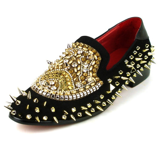 Introducing the FI-7510 Black Gold Slip On Loafer by Fiesso, a fashion shoe masterpiece: a black velvet loafer featuring gold spikes and intricate beadwork on the upper. The interior lining enhances its allure with a rich red finish.