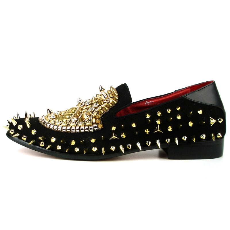 Introducing the FI-7510 Black Gold Slip On Loafer by Fiesso, a fashion shoe masterpiece: a black velvet loafer featuring gold spikes and intricate beadwork on the upper. The interior lining enhances its allure with a rich red finish.