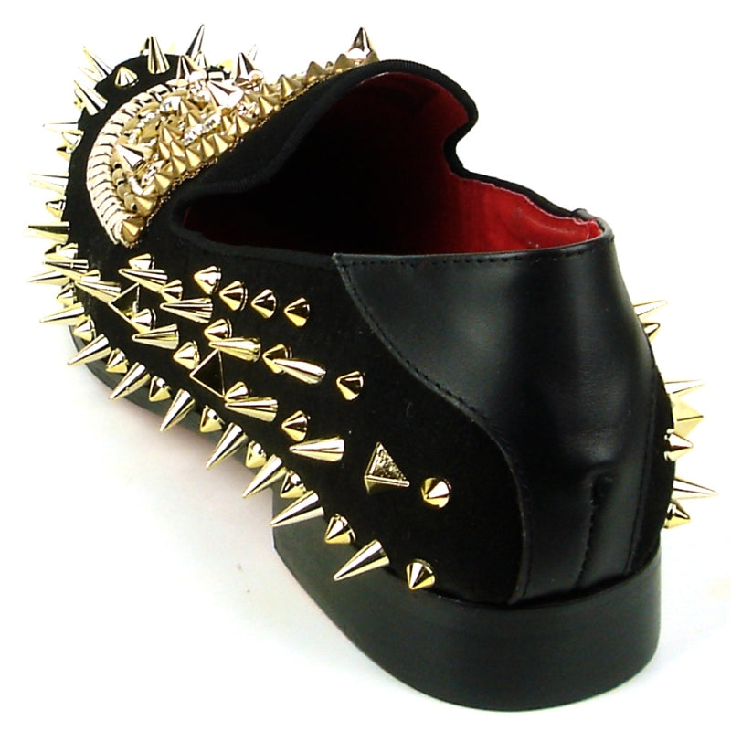 Introducing the FI-7510 Black Gold Slip On Loafer by Fiesso, a fashion shoe masterpiece: a black velvet loafer featuring gold spikes and intricate beadwork on the upper. The interior lining enhances its allure with a rich red finish.