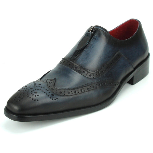 The FI-8714 Black Encore by Fiesso Slip-on Shoe showcases a stylish black and blue leather brogue design with a zipper, adorned with intricate perforated details. It features a vibrant red interior lining and offers enhanced comfort with a cushioned insole.