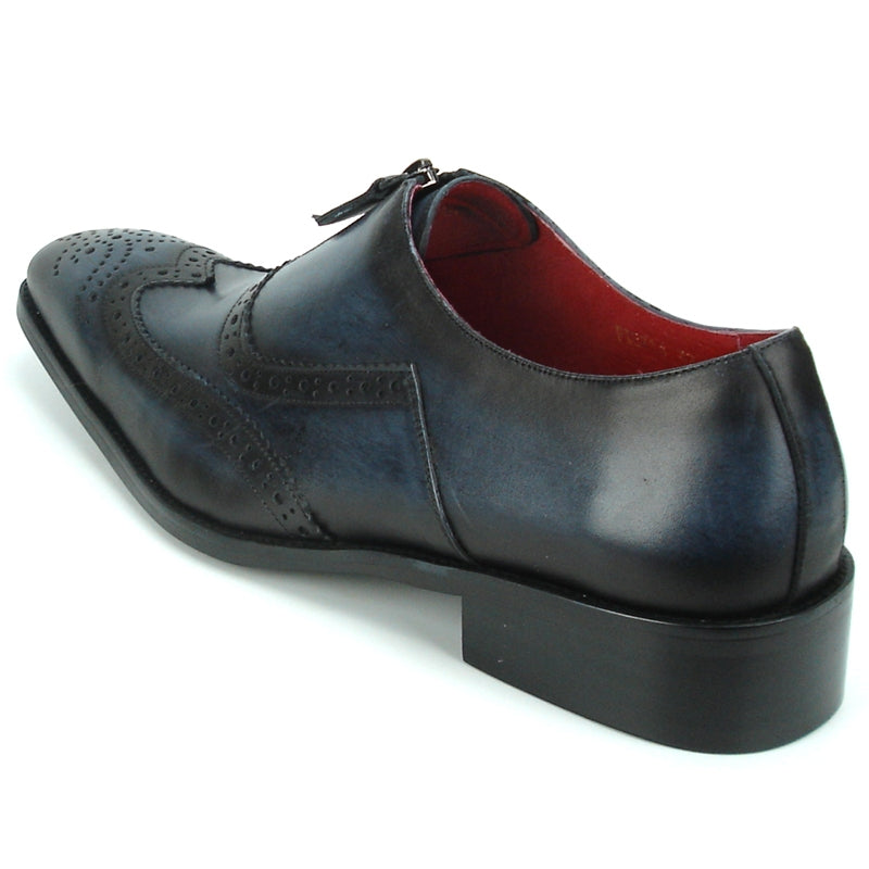 The FI-8714 Black Encore by Fiesso Slip-on Shoe showcases a stylish black and blue leather brogue design with a zipper, adorned with intricate perforated details. It features a vibrant red interior lining and offers enhanced comfort with a cushioned insole.