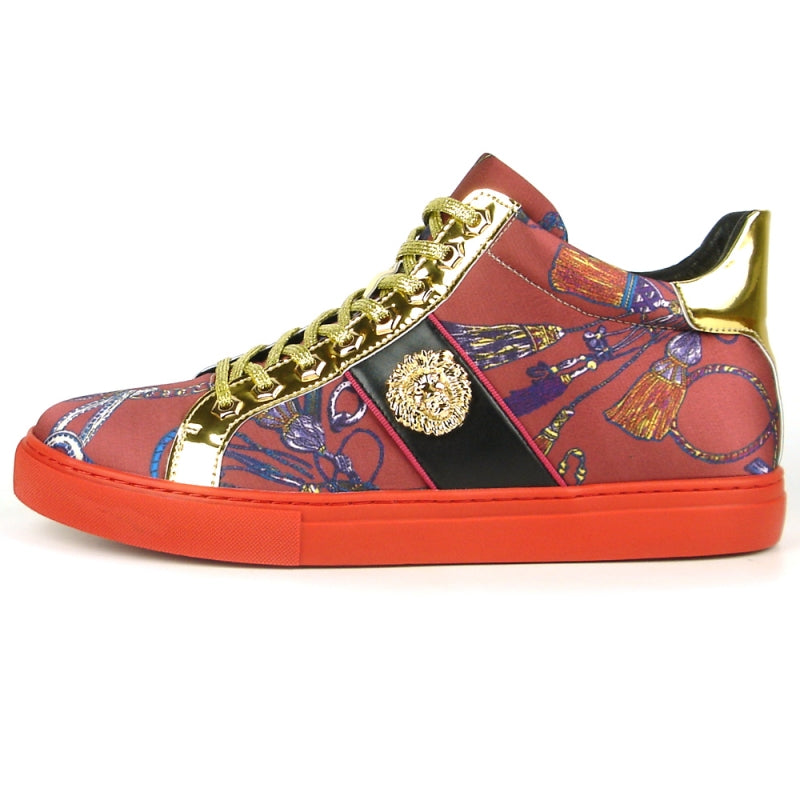 The FI-2385 Burgundy High Top Sneaker Encore by Fiesso features a vivid red hue complemented with exquisite gold accents and intricate designs, crafted from premium micro leather. Its side is adorned with an impressive gold lion emblem, adding a touch of majestic sophistication.