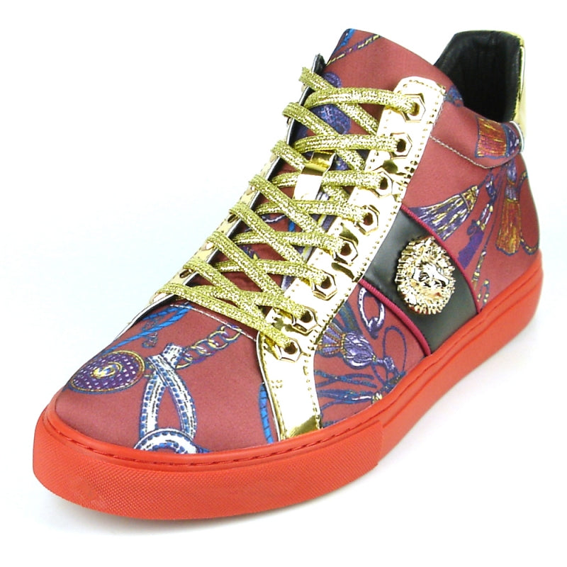 The FI-2385 Burgundy High Top Sneaker Encore by Fiesso features a vivid red hue complemented with exquisite gold accents and intricate designs, crafted from premium micro leather. Its side is adorned with an impressive gold lion emblem, adding a touch of majestic sophistication.