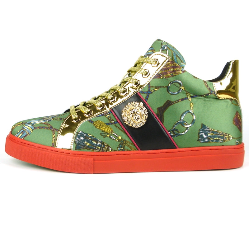 Introducing the FI-2385 Green High Top Sneaker Encore by Fiesso: a stylish high-top sneaker from Fiesso, featuring gold trimming, a decorative pattern, premium micro leather craftsmanship, and a vibrant red sole.