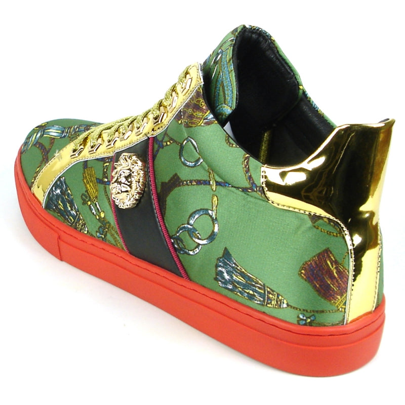 Introducing the FI-2385 Green High Top Sneaker Encore by Fiesso: a stylish high-top sneaker from Fiesso, featuring gold trimming, a decorative pattern, premium micro leather craftsmanship, and a vibrant red sole.