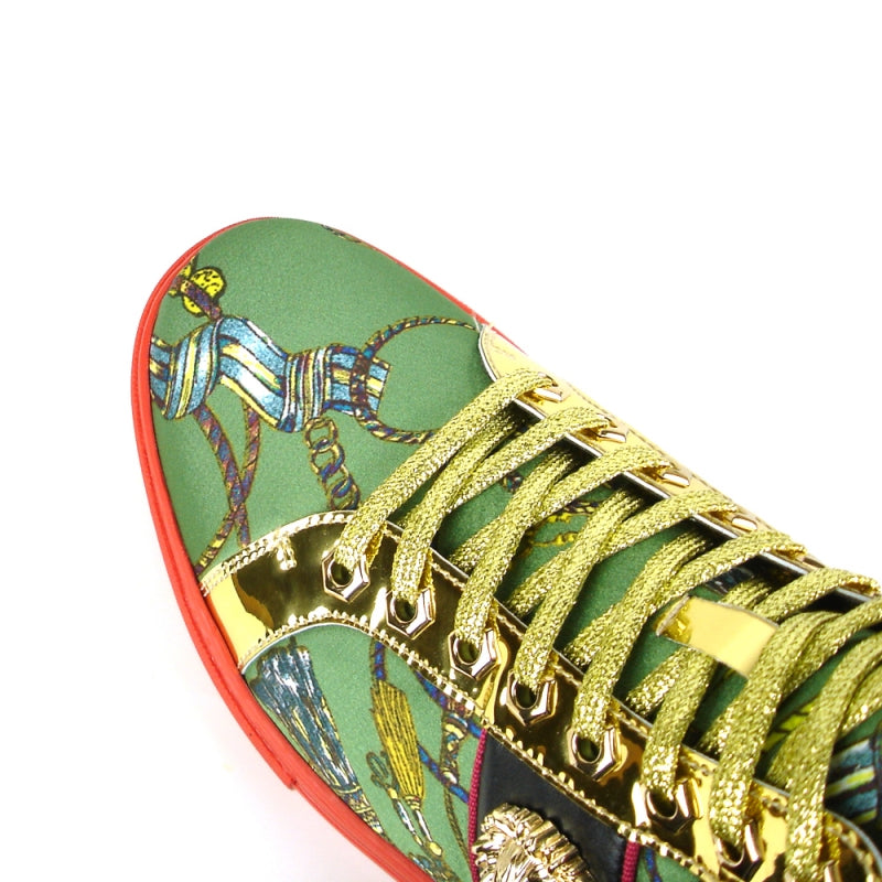 Introducing the FI-2385 Green High Top Sneaker Encore by Fiesso: a stylish high-top sneaker from Fiesso, featuring gold trimming, a decorative pattern, premium micro leather craftsmanship, and a vibrant red sole.