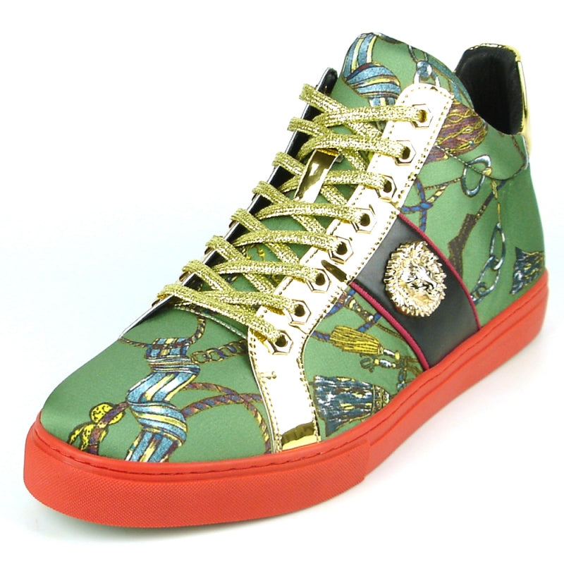 Introducing the FI-2385 Green High Top Sneaker Encore by Fiesso: a stylish high-top sneaker from Fiesso, featuring gold trimming, a decorative pattern, premium micro leather craftsmanship, and a vibrant red sole.