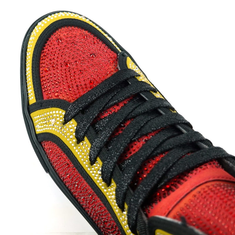 Introducing the Fiesso FI-2402 Red Gold Rhinestones High Top Sneakers, featuring a leather upper in striking red and yellow with black laces, embellished with an array of small studs and designed with a cushioned insole for exceptional comfort.