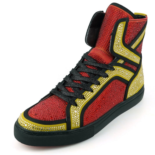 Introducing the Fiesso FI-2402 Red Gold Rhinestones High Top Sneakers, featuring a leather upper in striking red and yellow with black laces, embellished with an array of small studs and designed with a cushioned insole for exceptional comfort.