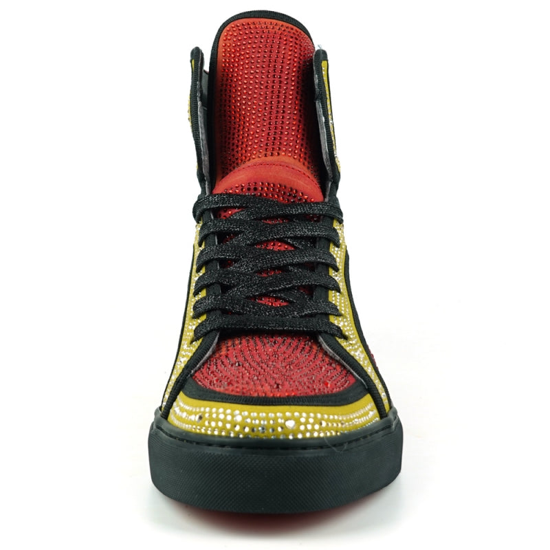 Introducing the Fiesso FI-2402 Red Gold Rhinestones High Top Sneakers, featuring a leather upper in striking red and yellow with black laces, embellished with an array of small studs and designed with a cushioned insole for exceptional comfort.