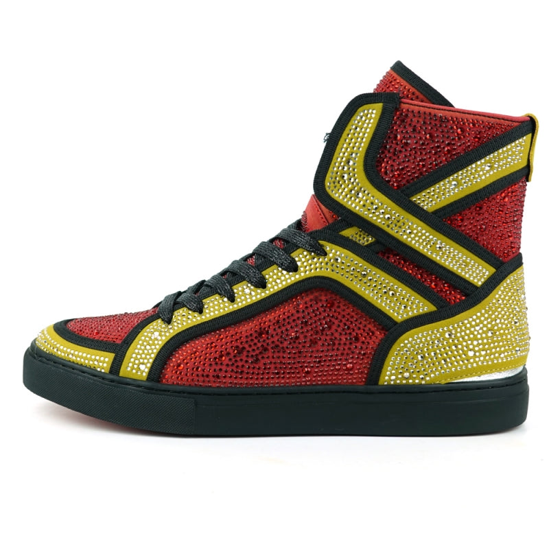 Introducing the Fiesso FI-2402 Red Gold Rhinestones High Top Sneakers, featuring a leather upper in striking red and yellow with black laces, embellished with an array of small studs and designed with a cushioned insole for exceptional comfort.