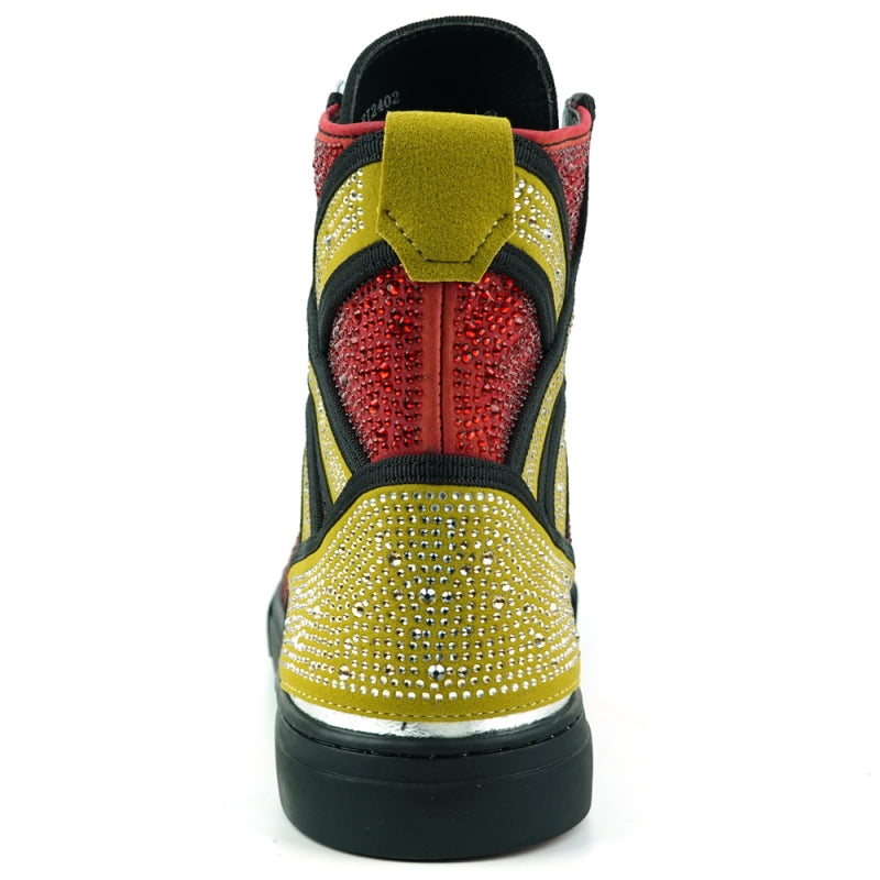 Introducing the Fiesso FI-2402 Red Gold Rhinestones High Top Sneakers, featuring a leather upper in striking red and yellow with black laces, embellished with an array of small studs and designed with a cushioned insole for exceptional comfort.