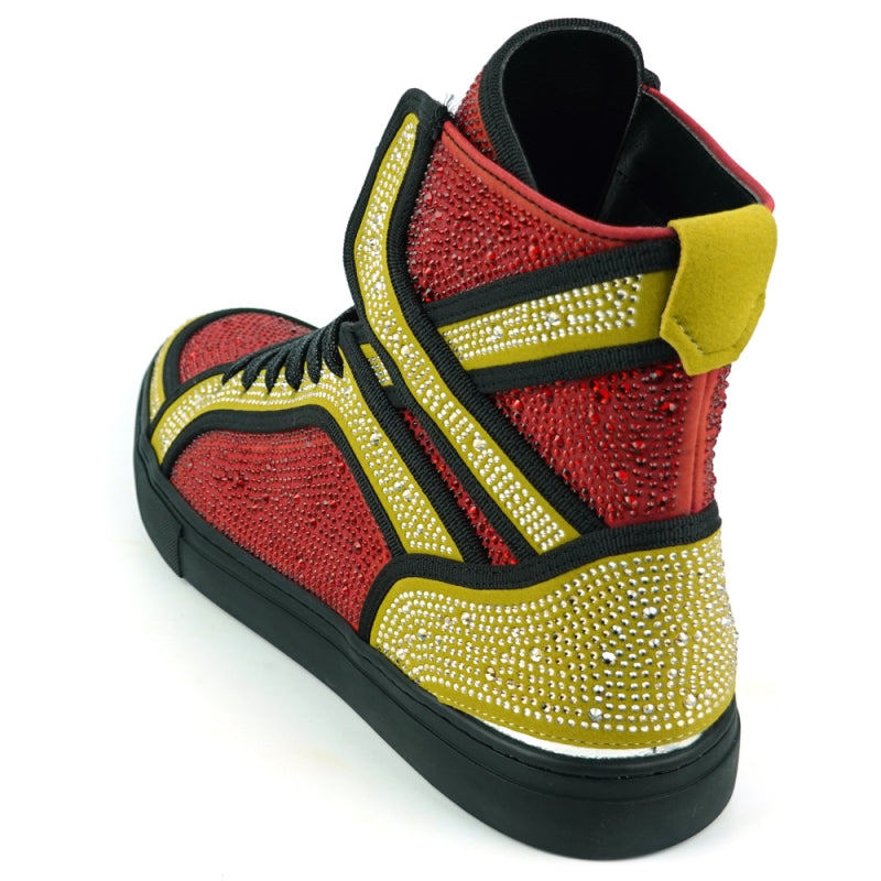 Introducing the Fiesso FI-2402 Red Gold Rhinestones High Top Sneakers, featuring a leather upper in striking red and yellow with black laces, embellished with an array of small studs and designed with a cushioned insole for exceptional comfort.