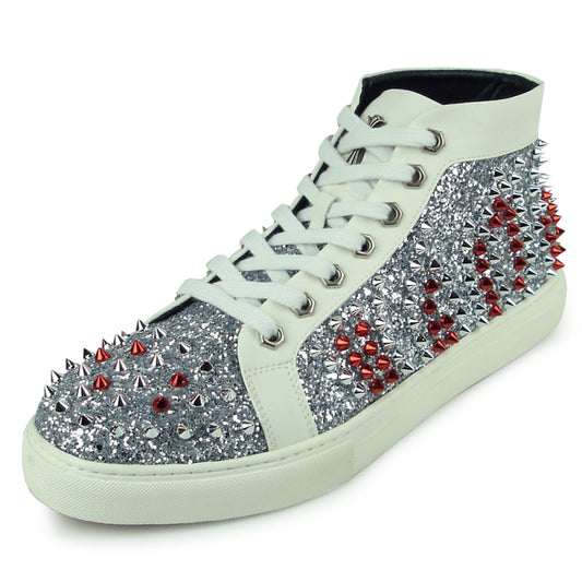 Introducing the FI-2398 White High Top Sneaker Encore by Fiesso: a stylish high-top sneaker featuring a leather upper, elegant silver glitter, and eye-catching red spikes. Accentuated with white laces and trim, this shoe is perfect for anyone seeking fashionable casual footwear.