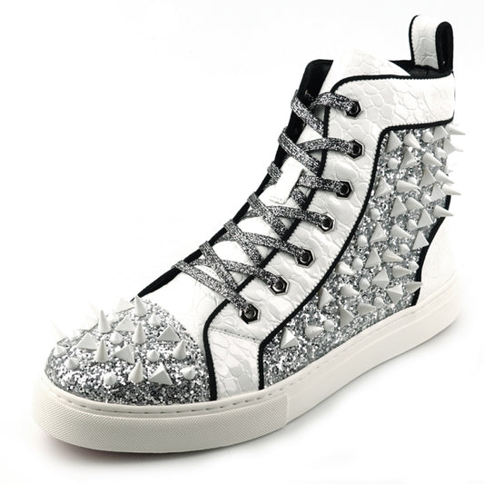 The FI-2369 White Spikes High Top Sneakers by Fiesso showcase a glittery upper embellished with metallic silver panels, complete with white laces and adorned with white spikes across the surface.