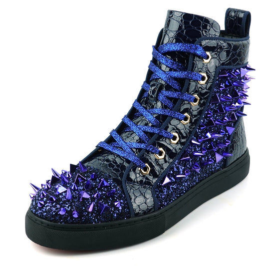 The FI-2369 Navy Spikes High Top Sneakers by Fiesso highlight a black textured leather upper adorned with purple glitter and metallic spikes on the sides and toe. They feature blue laces through gold eyelets for an ideal touch of contrast, along with a cushioned insole for comfortable wear.